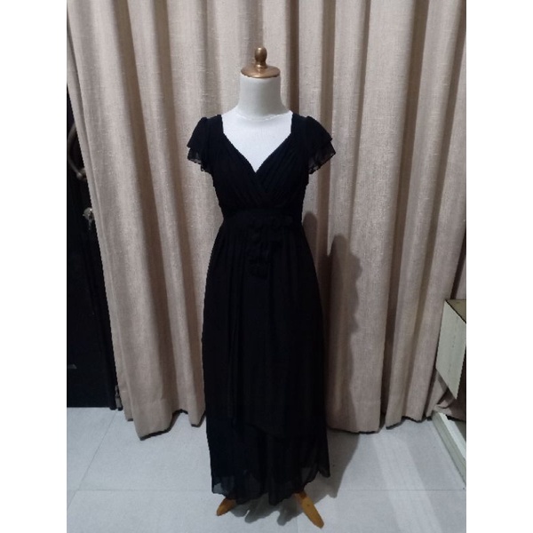 maxi long dress wanita hitam caroline kosasih L cute MEWAH cocok gaun PESTA cewek sifon good quality