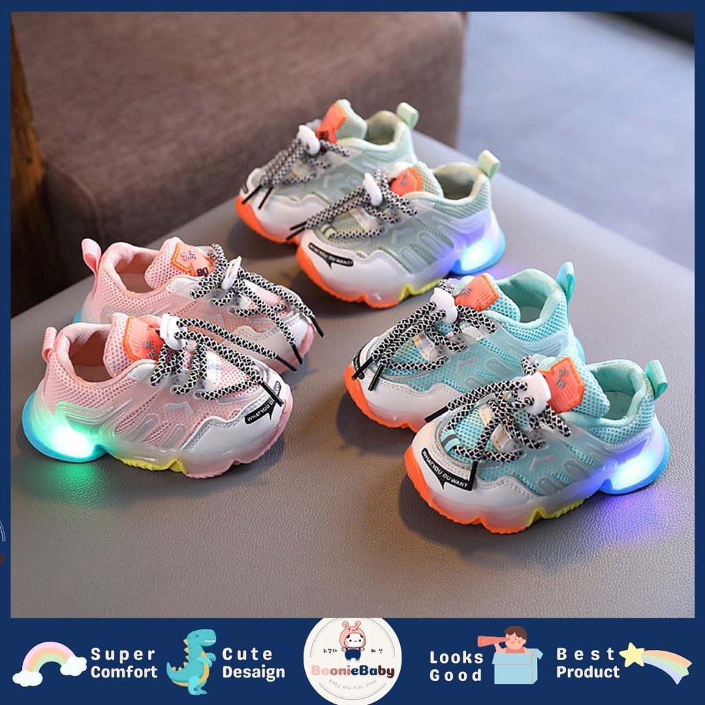 boonie BE PERFECT Sepatu Sneakers Anak Laki / Perempuan LED Menyala Import sekolah