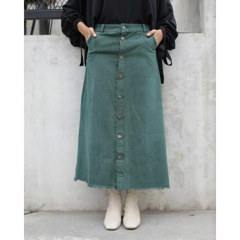 ROK JEANS KANCING BUTTON DENIM SKIRT SNOW