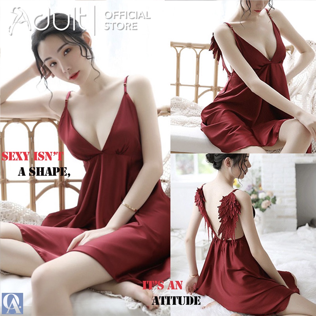 ORANGE ADULT Lingerie Hot Sexy / Lingerie Seksi Baju Tidur Dewasa Wanita Satin / Gaun Seksi Elegan Tali Bunga Merah Maroon1128