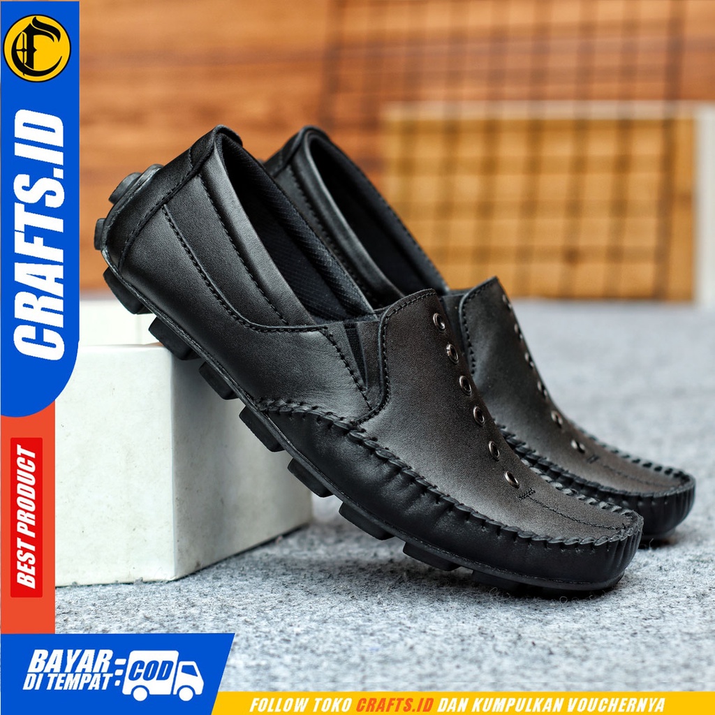 Sepatu Slip On Pria Sepatu Casual Pria Kulit Asli Kerja Kantor Kuliah Kondangan Sepatu Slop Pria Sepatu Hitam Pria CRAFTS MIDRING