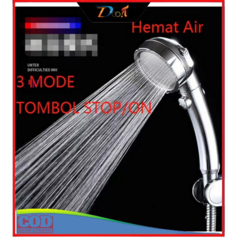 Kepala Shower Mandi Stainless Hemat Air Model Jepang Tombol Stop + 3 Mode