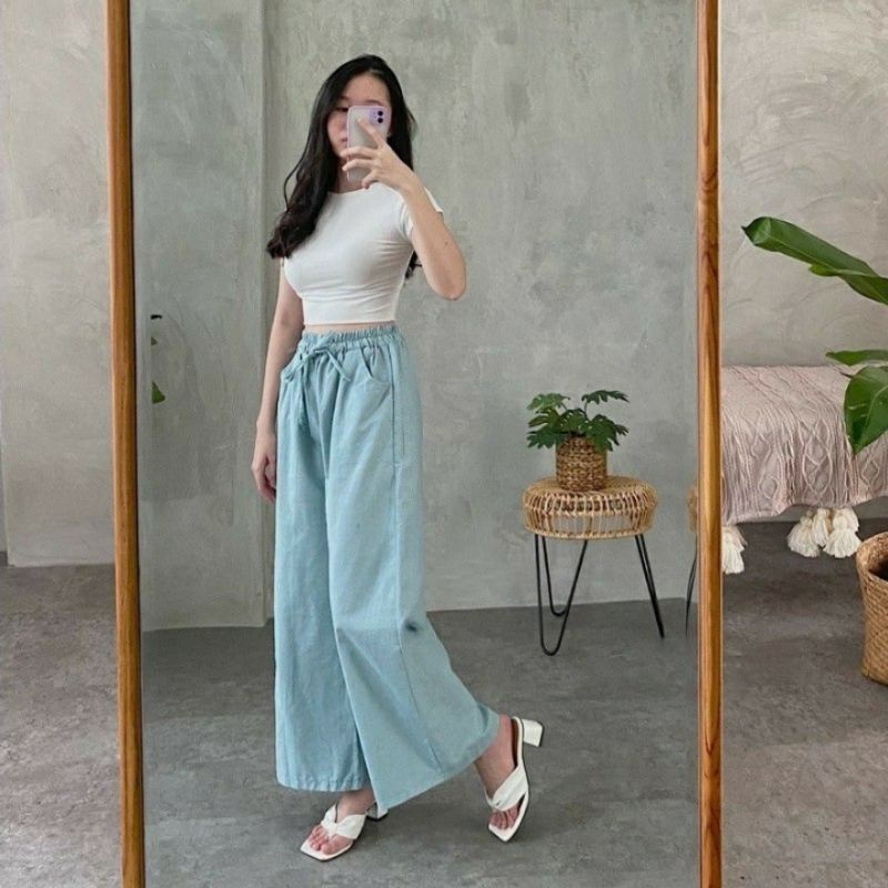 Celana Kulot Katun Linen Wanita Rami Highwaist Pinggang Karet Tali