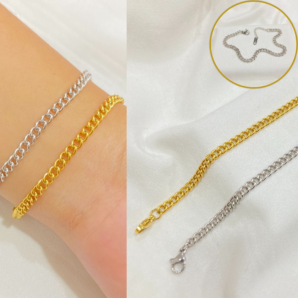 Gelang Rantai Titanium Polos Silver dan Gold Anti Karat Simple Unisex
