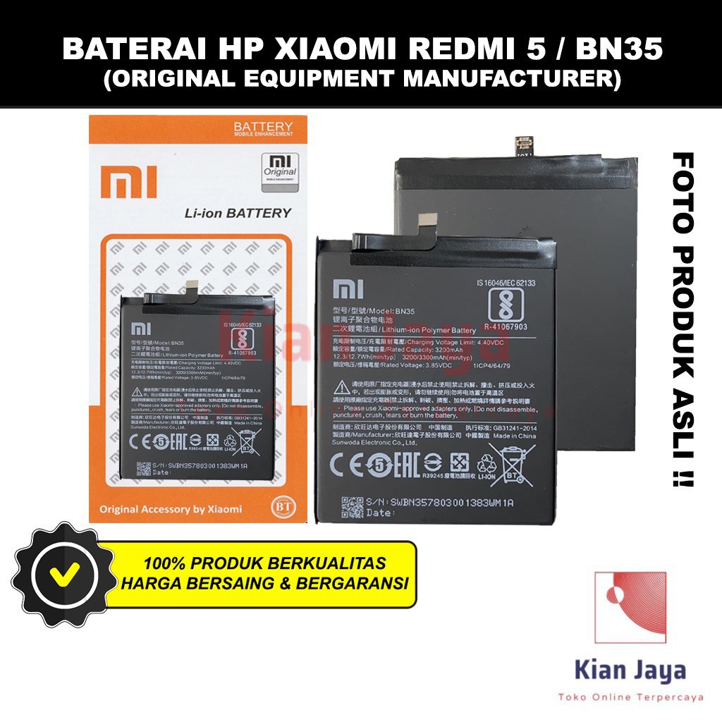 Baterai Xiaomi Redmi 5 BN35 Original OEM Batre Batrai Battery Hp Xiao Mi BN 35 Ori