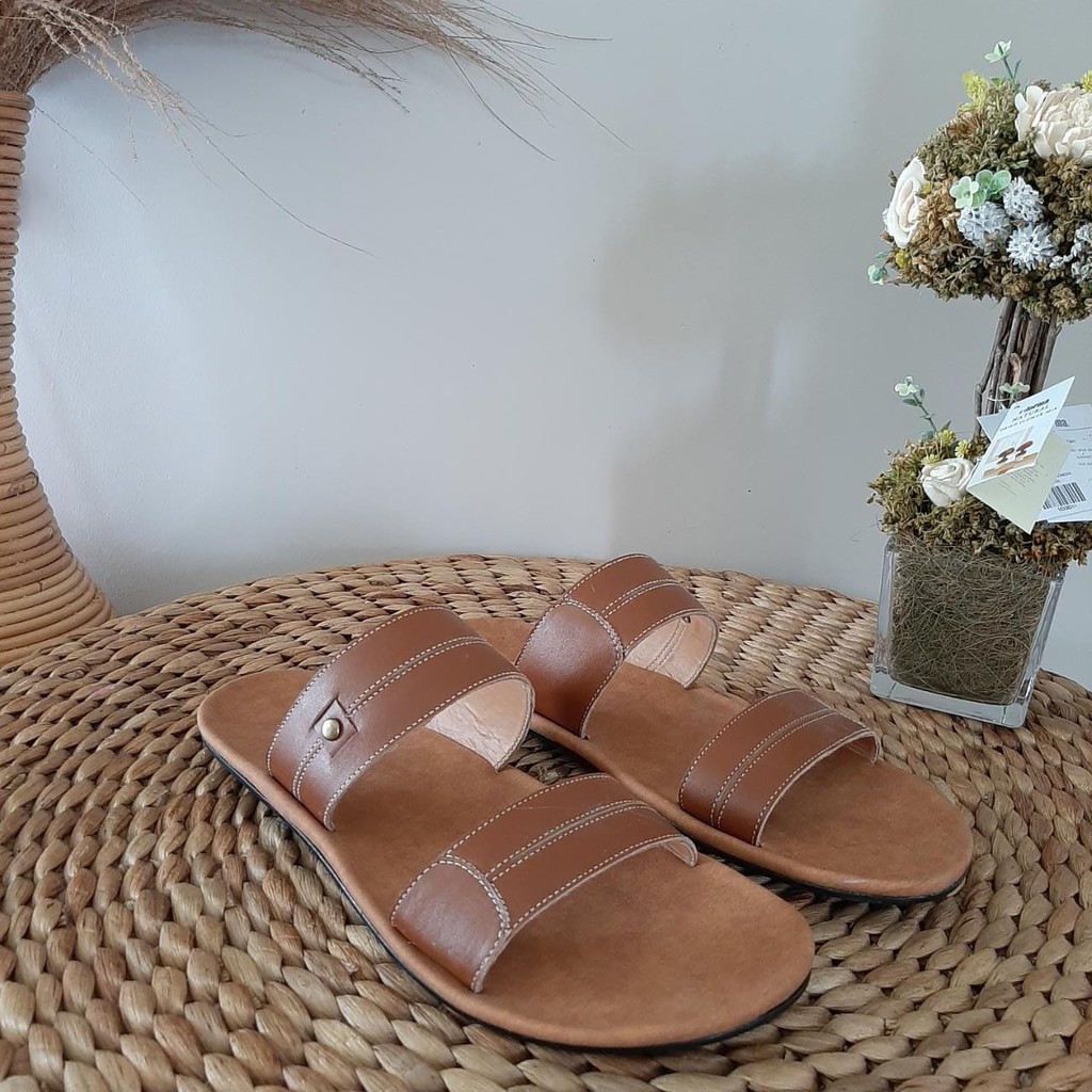 SANDAL PRIA SLIDE KULIT ASLI WARNA HITAM COKLAT TAN