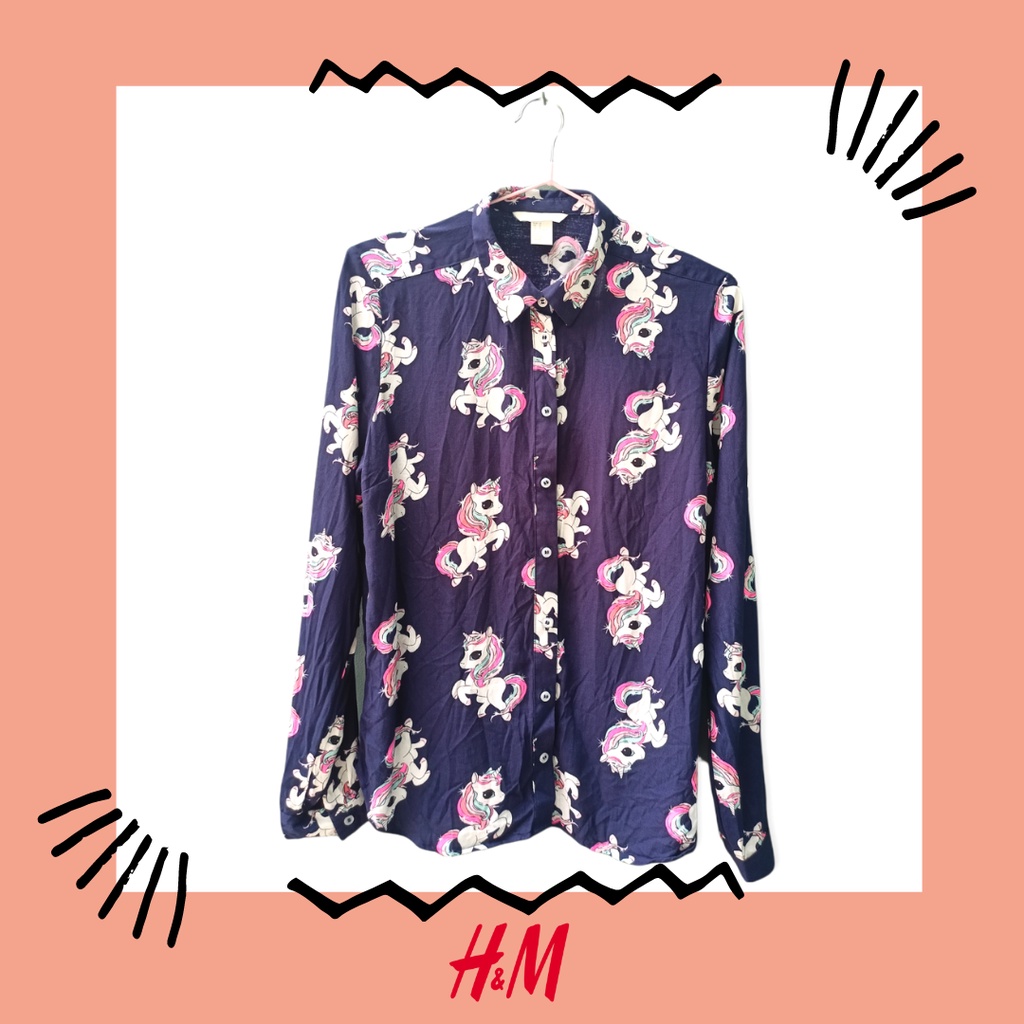 Baju Atasan Kemeja Blouse Lengan Panjang Motif Unicorn Wanita H&M HnM Original