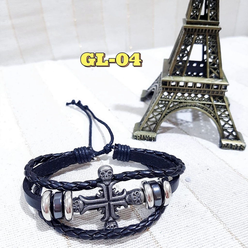 Gelang Motif TENGKORAK Bahan Tali Kulit Yang Dapat Diatur GL-04 Tali Hitam