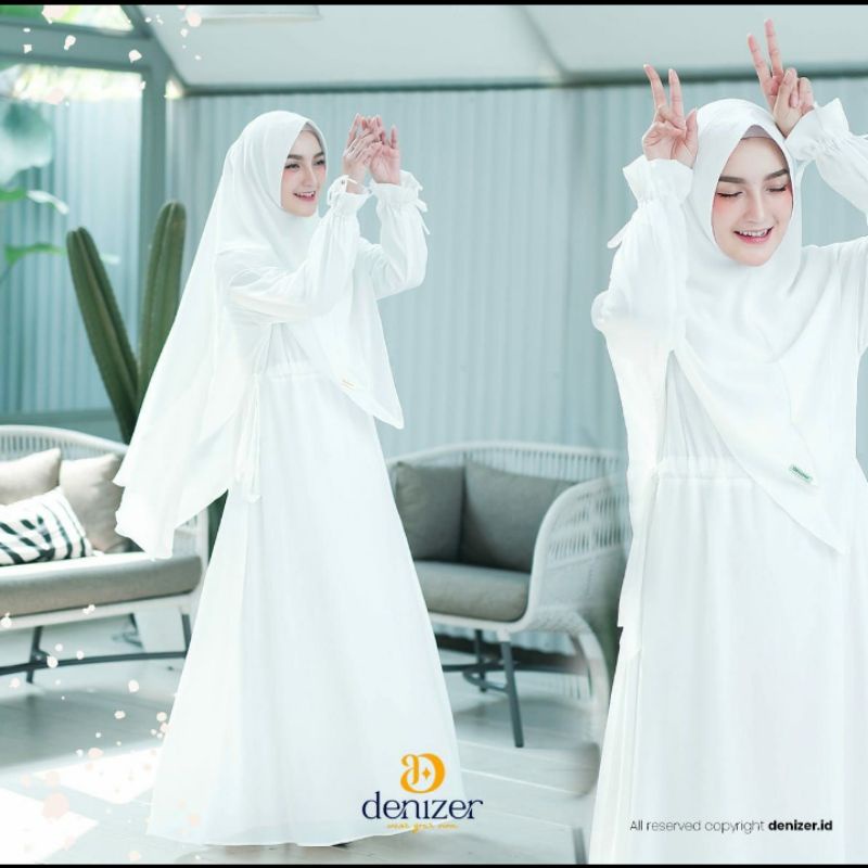 Gamis Denizer White Syari Set Hijab Model Simpel Anggun Terbaru