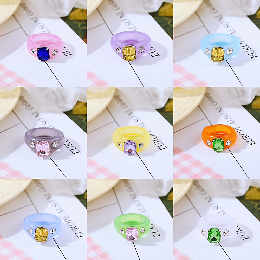 Cincin Berlian Resin Geometris Warna-Warni Gaya Retro Korea Untuk Wanita