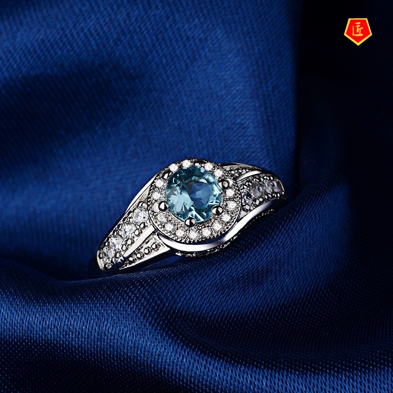 [Ready Stock]925 Silver Ring Full Diamond Spring Shape Inlaid Blue Gem