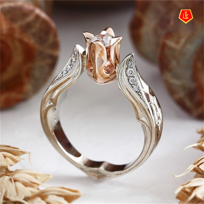 [Ready Stock]Rose Flower Color Separation Diamond Ring Luxury Elegant