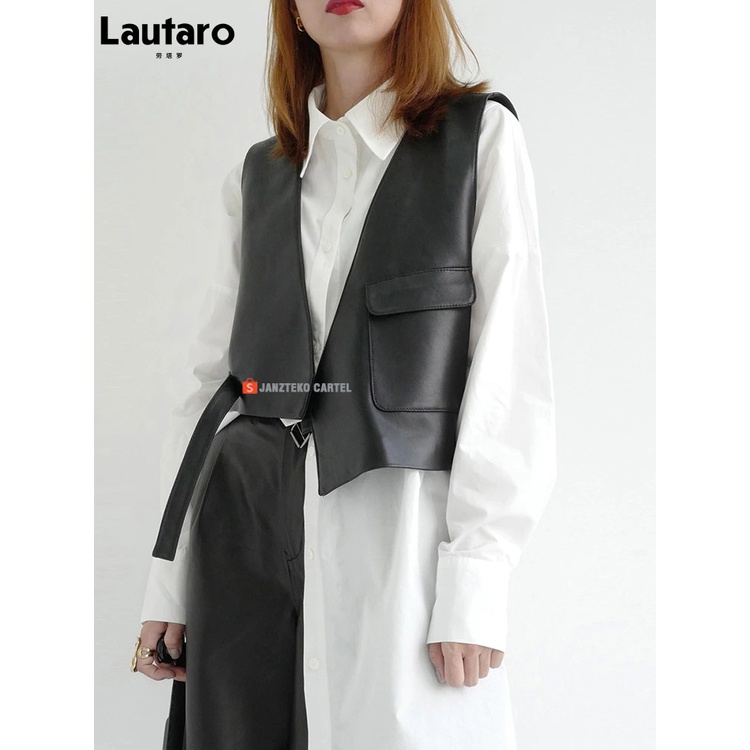 JNK x LAUTARO - Rompi Vest Crop Top Wanita Casual Bahan Semi Kulit Sintetis Viena Faux Synthetic Leather Premium Original Branded Korean Style KPOP Cewek Perempuan Baju Fashion Atasan Pendek Outfit Hijab Modern Muslim Kekinian Outer Knit Tali Zipper Saku