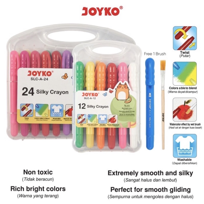 JOYKO SILKY CRAYON - KRAYON HALUS - CAT AIR / WATER COLOURS / SLC A 12 / 24 WARNA / COLORS FREE BRUSH