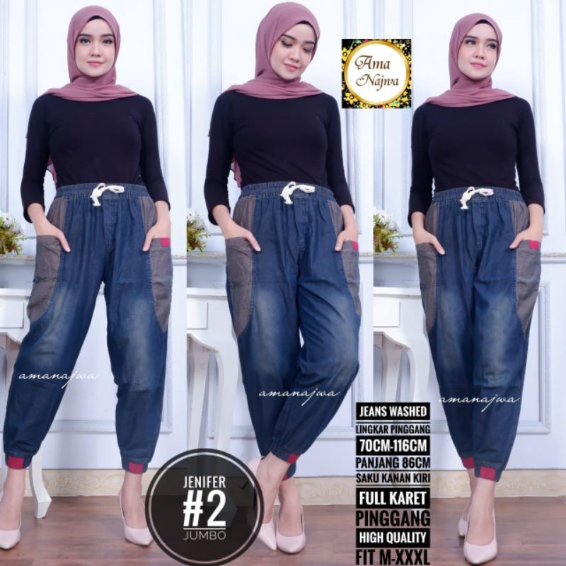 Jennifer#2 Jogger Pants Celana Wanita Polos Hitam Jeans Lp 70-116 Jumbo Fit XXL Pg Karet By Amj