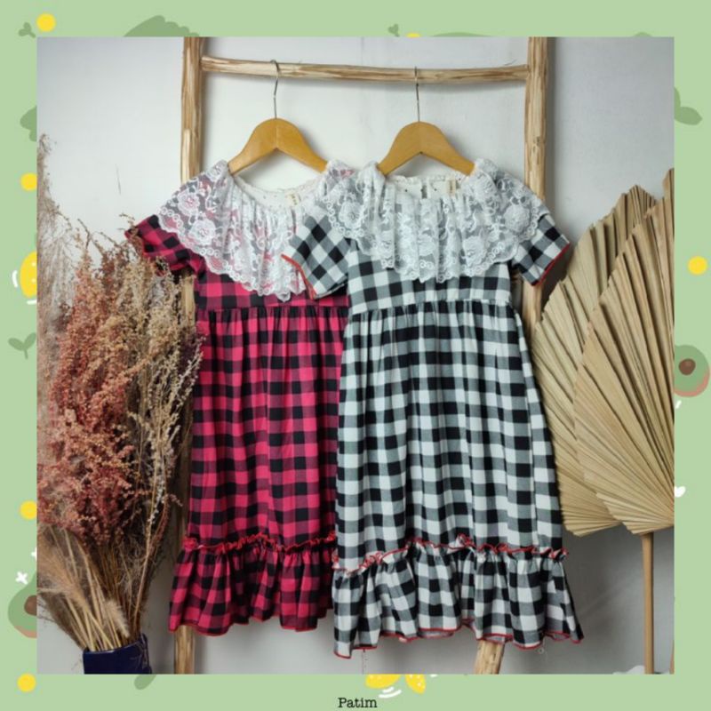 Dress Anak Perempuan Kotak-Kotak Kerah Renda 3-6 Tahun