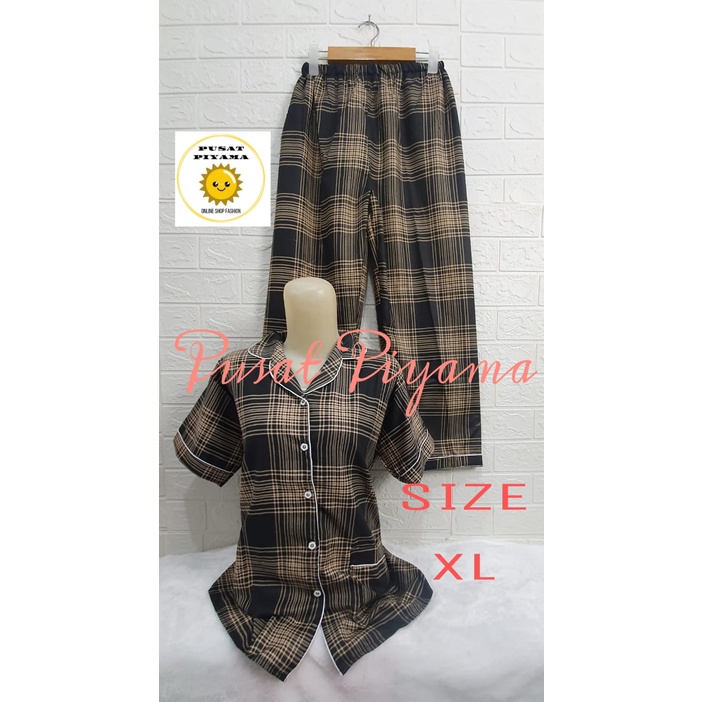 Setelan Lengan Pendek Piyama Baju Tidur Wanita Guilen Kotak Pajamas Cewek Dewasa Kekinian Abg-XL Lgn Pendek Hitam