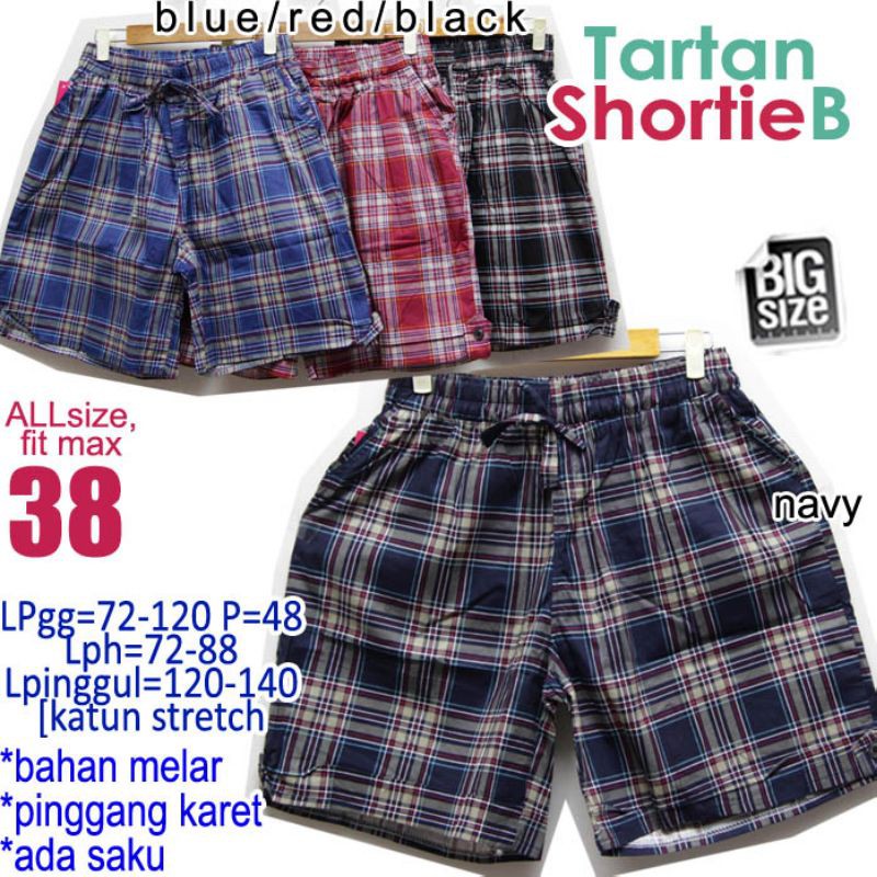 Tartan Shortie B CELANA PENDEK WANITA KATUN MELAR PINGGANG KARET SUPER JUMBO BIG SIZE FIT 38