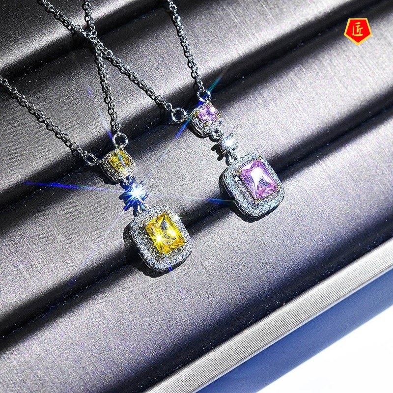 [Ready Stock]Luxury Full Diamond Pt950 Platinum Colored Gems Necklace Ins Zircon Pendant