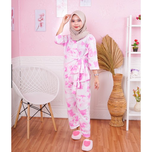 KIMONO PIYAMA TIE DYE CELANA PANJANG DAILY SET / PIYAMA SET PINK BAJU TIDUR WANITA REMAJA DEWASA