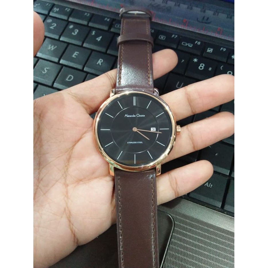 JUAL JAM TANGAN ASLI  ALEXANDRE CHRISTIE AC 8589 PRIA ROSEGOLD BLACK LEATHER BROWN ORIGINAL  I