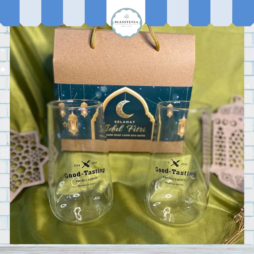 Blesstenia - Hampers Parsel Ramadan 2pcs Gelas Kaca Estetik Eid Mubarak Edition