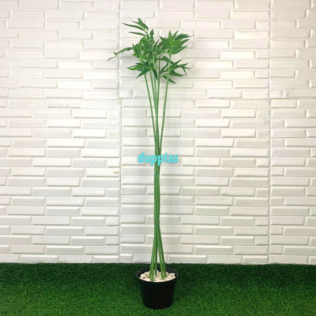 Pohon Hias Daun Bambu Air Hijau Artificial Tanaman Bambu Jepang Pot Dasar Hitam Plastik Dekorasi