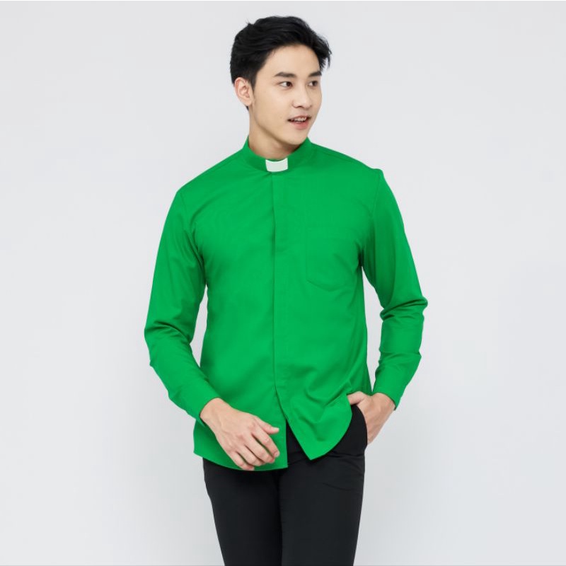 Pendeta - Kemeja Collar Hijau Fuji Polos - Cotton Tropical - Jos Miracle Bandung - Miracle - JMB