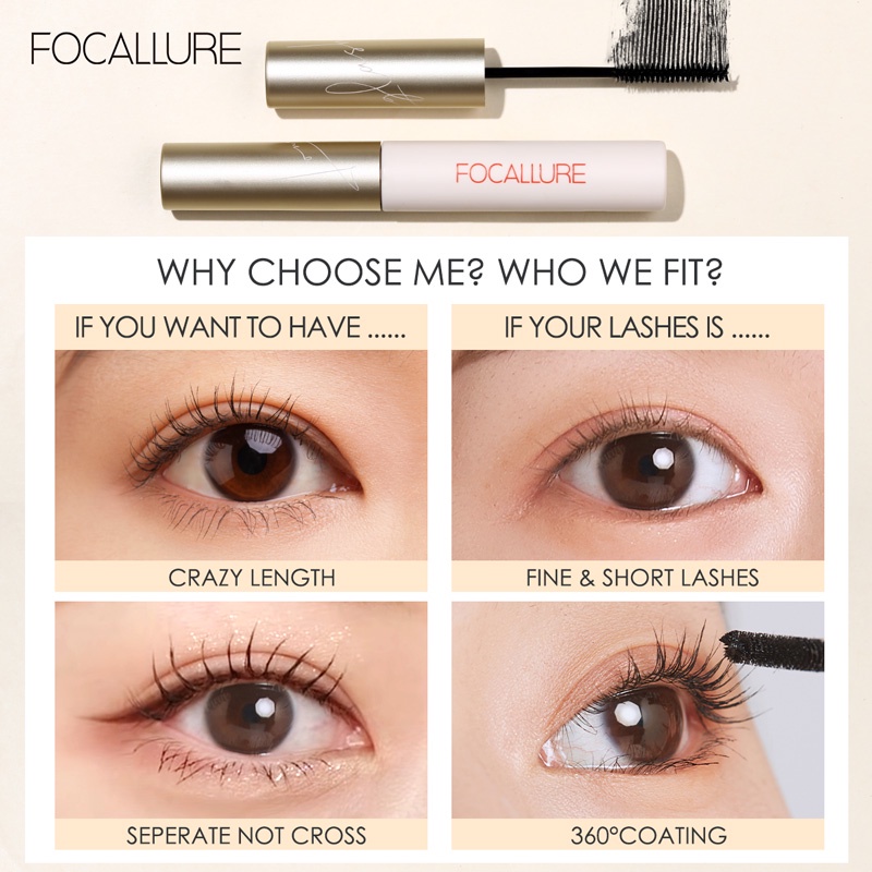 FOCALLURE Curled Mascara 3mm Micro Brush Fiber-filled Mascaras Curling Eyelash tahan air Mascara