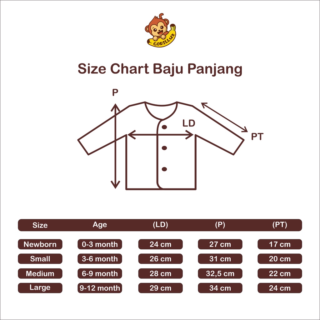 GORILLUX 1 Pcs Baju Panjang Bayi Neci Gorillux (0-12 Bulan)