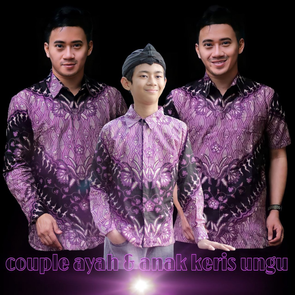 BAJU BATIK COUPLE AYAH DAN ANAK LAKI-LAKI MOTIF KERIS UNGU/ BATIK COUPLE KELUARGA MODERN/BATIK PRIA 