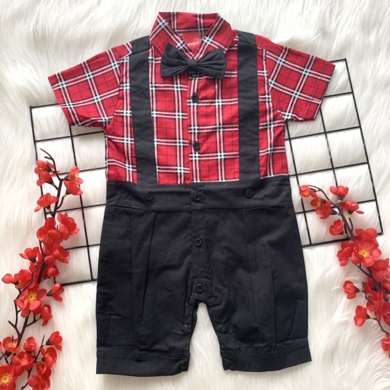Baju setelan romper dasi kupu2 katun pergi jalan lucu bestseller anak bayi cowok laki murah geo