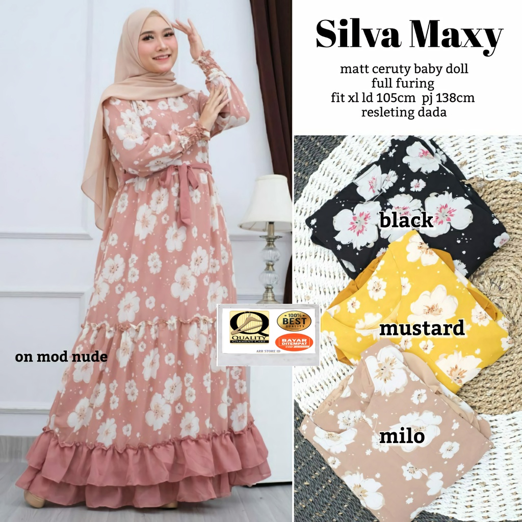 Baju Gamis Ceruty Babydoll Wanita Terbaru 2021 Motif Bunga Cantik 105 P 135 Silva Maxy Allsize