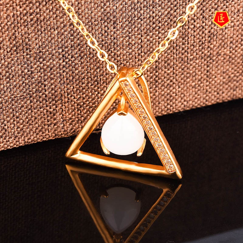 [Ready Stock]Hotian Jade Pendant S925 Silver Triangle Gold Necklace Elegant Graceful