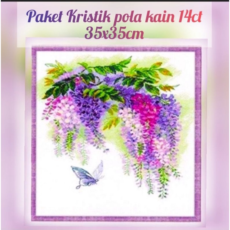 Paket kristik bunga lilac lavender pola kain bird premium dmc cross stitch 14ct embroidery sulaman j