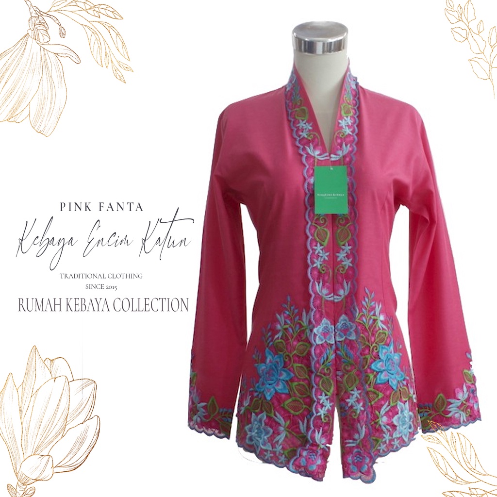 Kebaya Encim Kartini Katun Bordir Modern Pink Fanta Lengan Panjang Jumbo