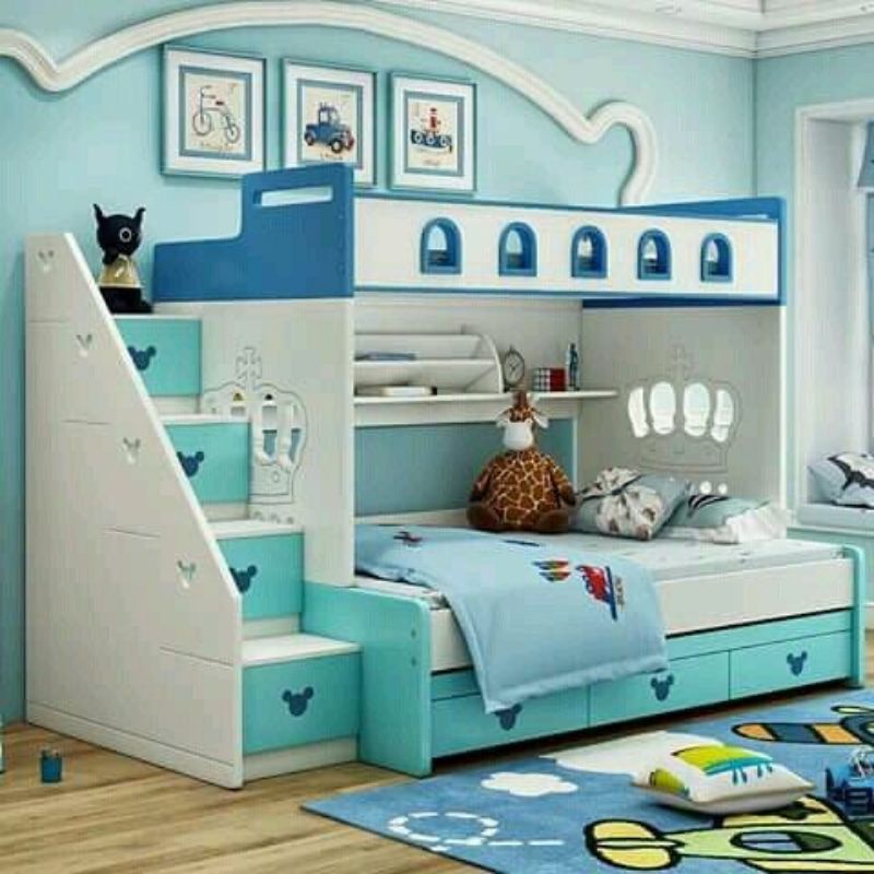 Tempat tidur anak tingkat 3 kasur minimalis ranjang susun sorong modern