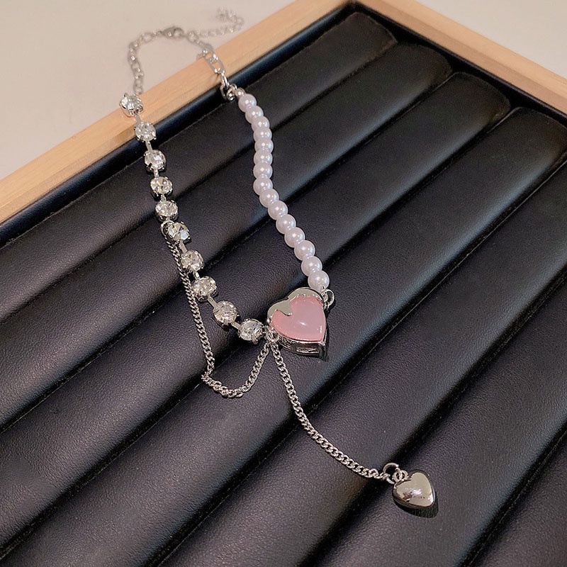 Kalung Bahan Titanium steel Dengan Liontin Hati Kristal Warna Pink