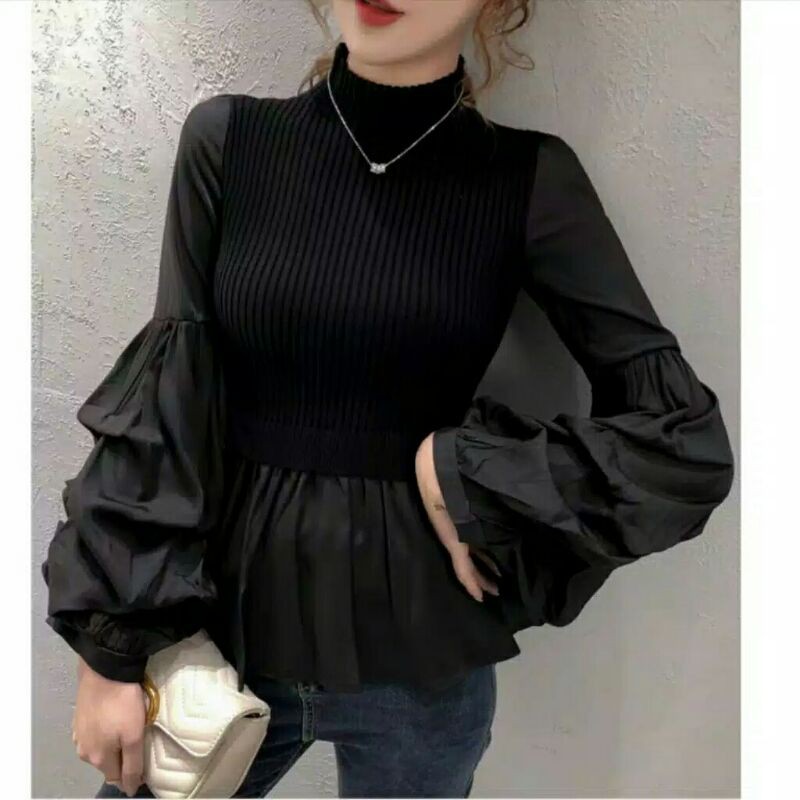 1199 REALPICT IMPORT PREMIUM Baju atasan blouse lengan balon turtle rajut blouse rajut cewek import