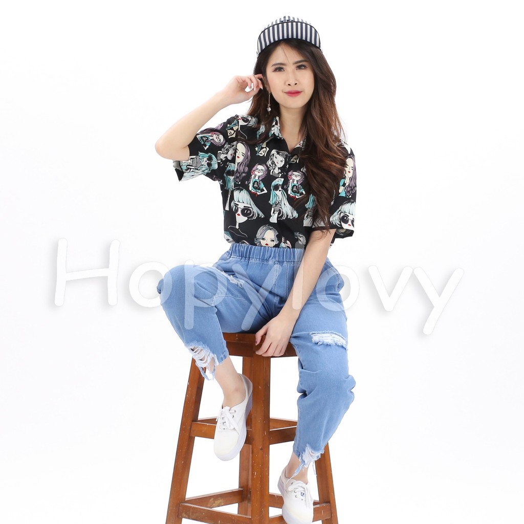 HOPYLOVY - Celana Boyfriend Jeans Wanita Pinggang Karet Sobek Ripped BF Charlie