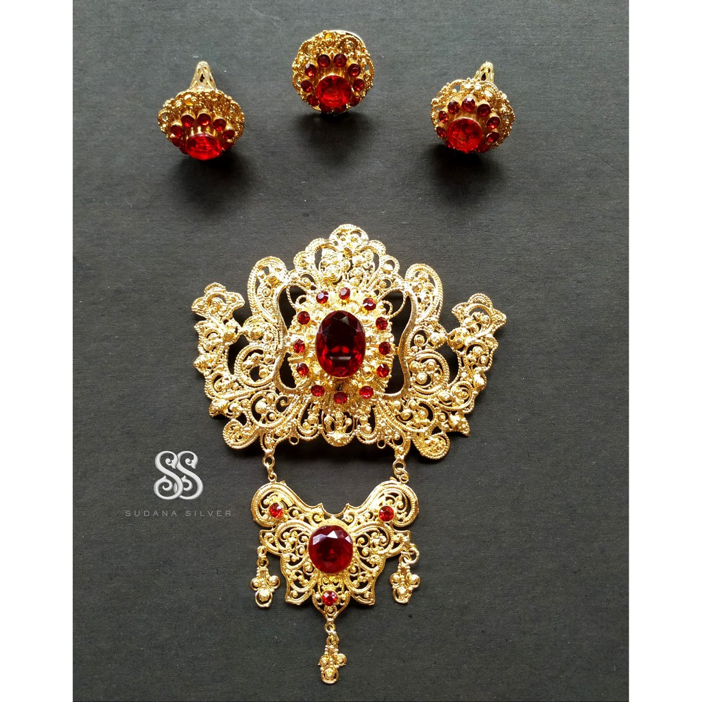 Bros Alpaka Sirkon Merah T2 Motif Burung Gold Plated Bali