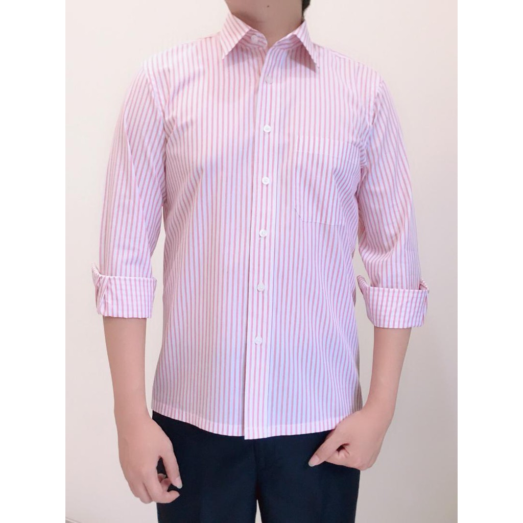 Pakaian Kemeja baju formal laki pria cowo garis2 Tangan Panjang Pink