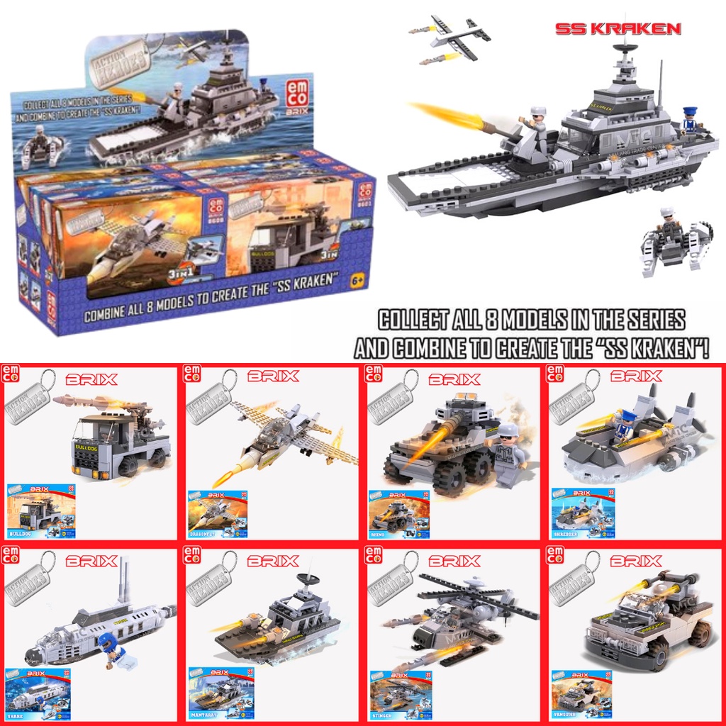 Mainan Balok Lego Bricks Emco Brix Action Heroes Mobil Polisi Pesawat Kapal Laut dan Helikopter