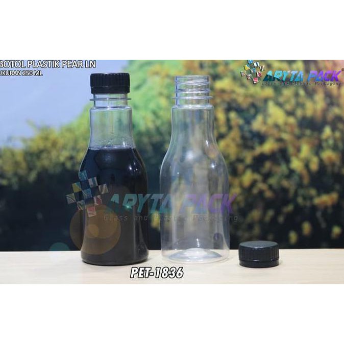 PET1836. BOTOL PLASTIK MINUMAN 250ML PEAR TUTUP SEGEL HITAM