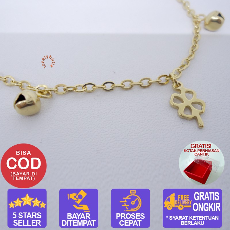 Lovelybutik  Gelang Kaki Titanium Anti Karat clover Lonceng Gelang Kaki Wanita BONUS KOTAK PERHIASAN