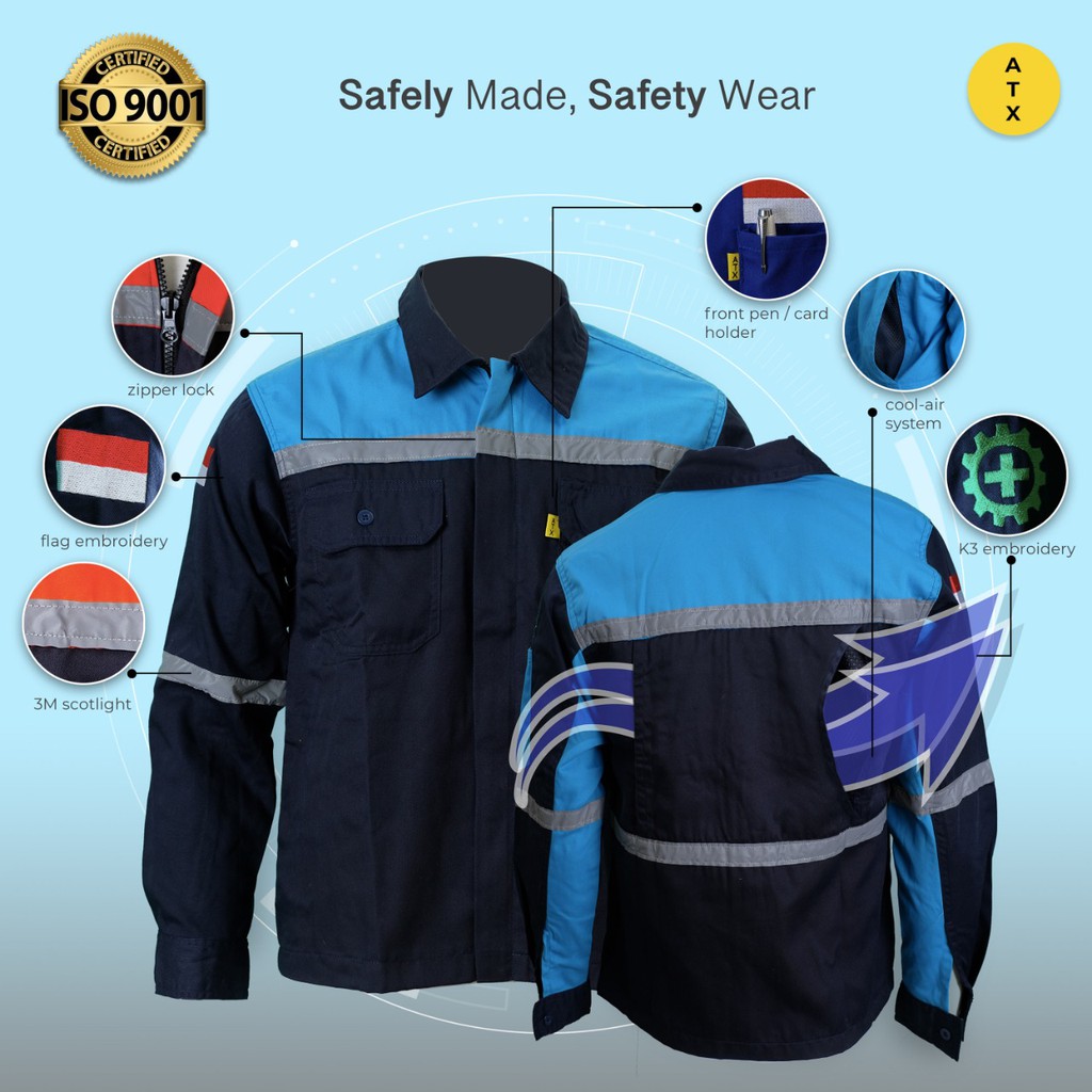 Wearpack Atasan Kemeja Safety Baju Safety Biru PLN Kombinasi Navy Merk ATX