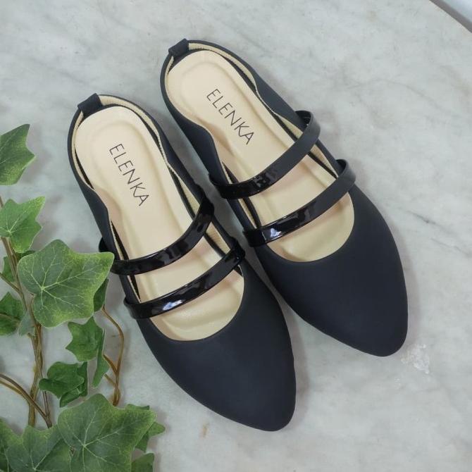 SEPATU SANDAL WANITA FLAT CAROLINE BLACK BIG SIZE