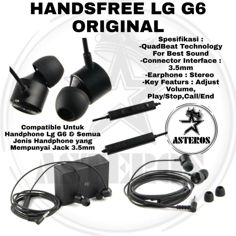 Headset Earphone Handfree Hp LG G6 Original Ori Handset Hedset Hanset Henset Handphone LG G 6