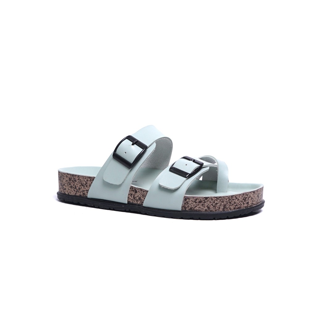 Sara Sara KELLY Sandal wanita casual sandal slop kulit sol puyuh kekinian  birken ban dua  silang-Green
