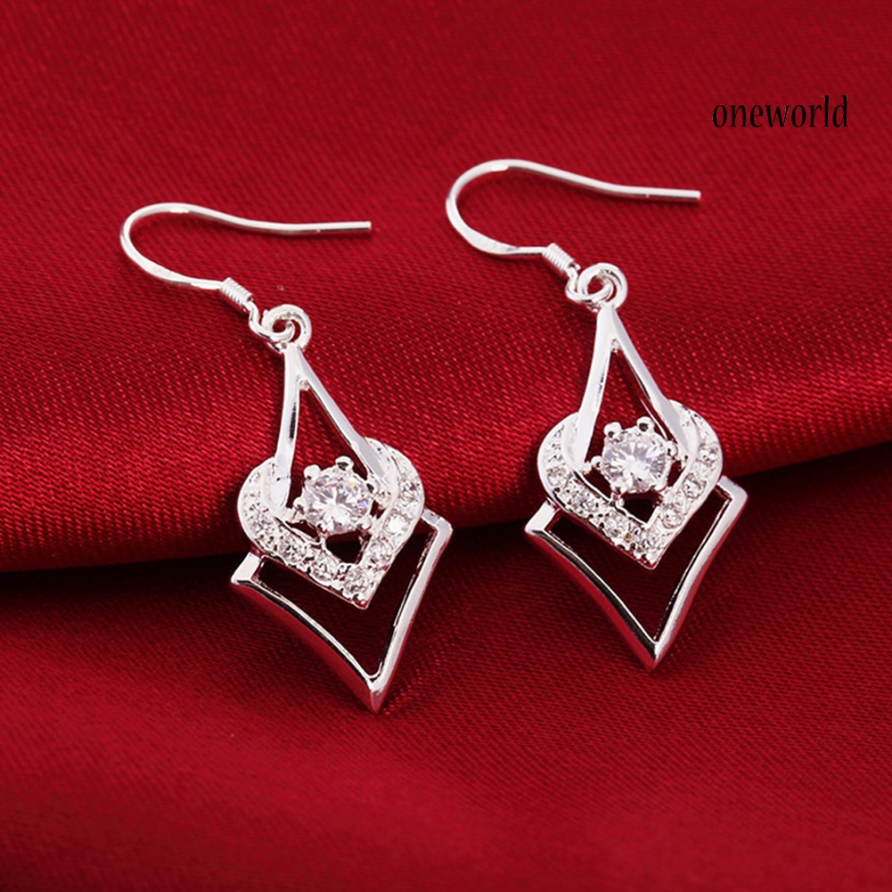 OW@ Women Silver Plated Hook Dangle Earrings Square with Zircon Heart Eardrops